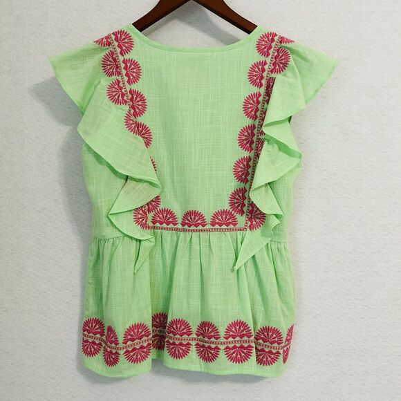 J.Marie Blouse Women S Green Pink Cotton Blend Embroidery Ruffle Boho Resort - Picture 12 of 12